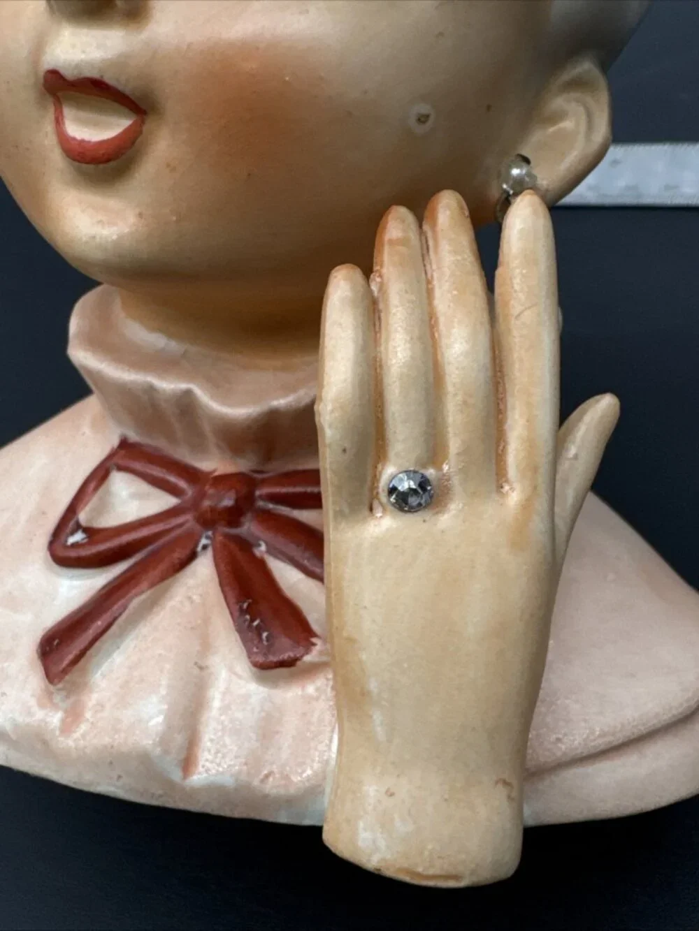 VTG 50’s Head Vase Pink Ponytail Pearl Earring Engagement Ring Bow Girl Ceramic